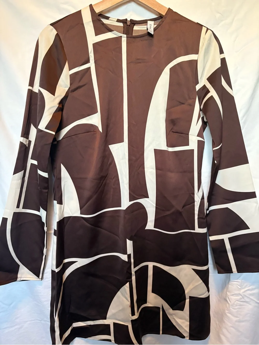 Mango Brown and Cream Geometric Long-Sleeve Mini Dress - Picture 3 of 4